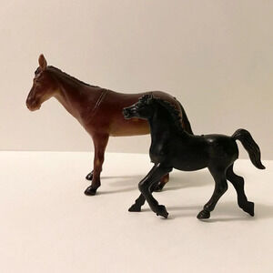 Vintage Lot of  2 Plastic Hollow Horses Brown and Black 2.5 and 3.5 Inch Size
